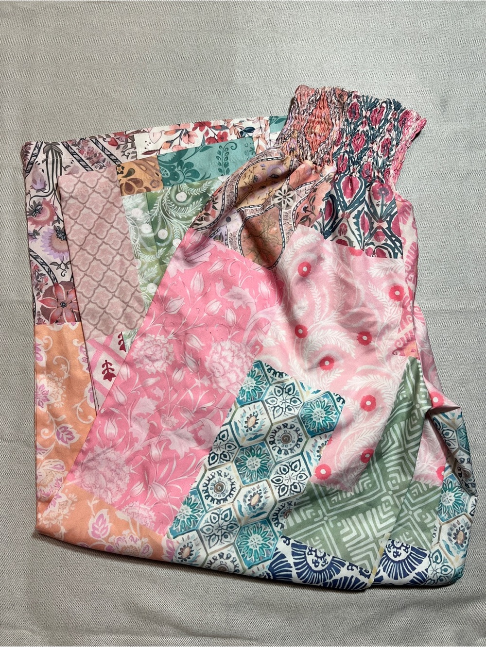 SHEIN Patchwork Floral Print Smocked Waist Pants - Pink, Mint, Coral Size Large